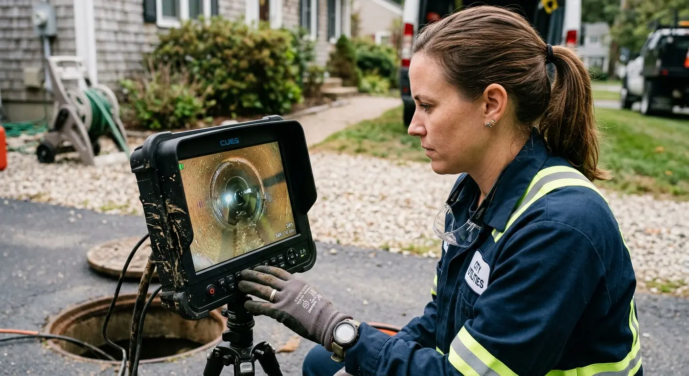 Technician reviewing sewer camera inspection footage in South Bradenton