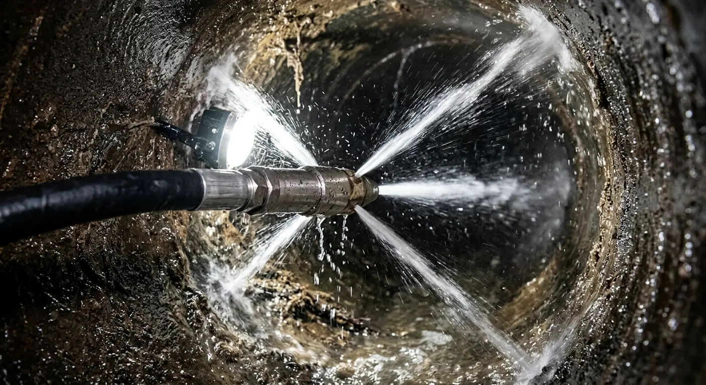 High-pressure hydro jetting nozzle cleaning sewer pipe for Trenchless Sewer Repair in South Bradenton