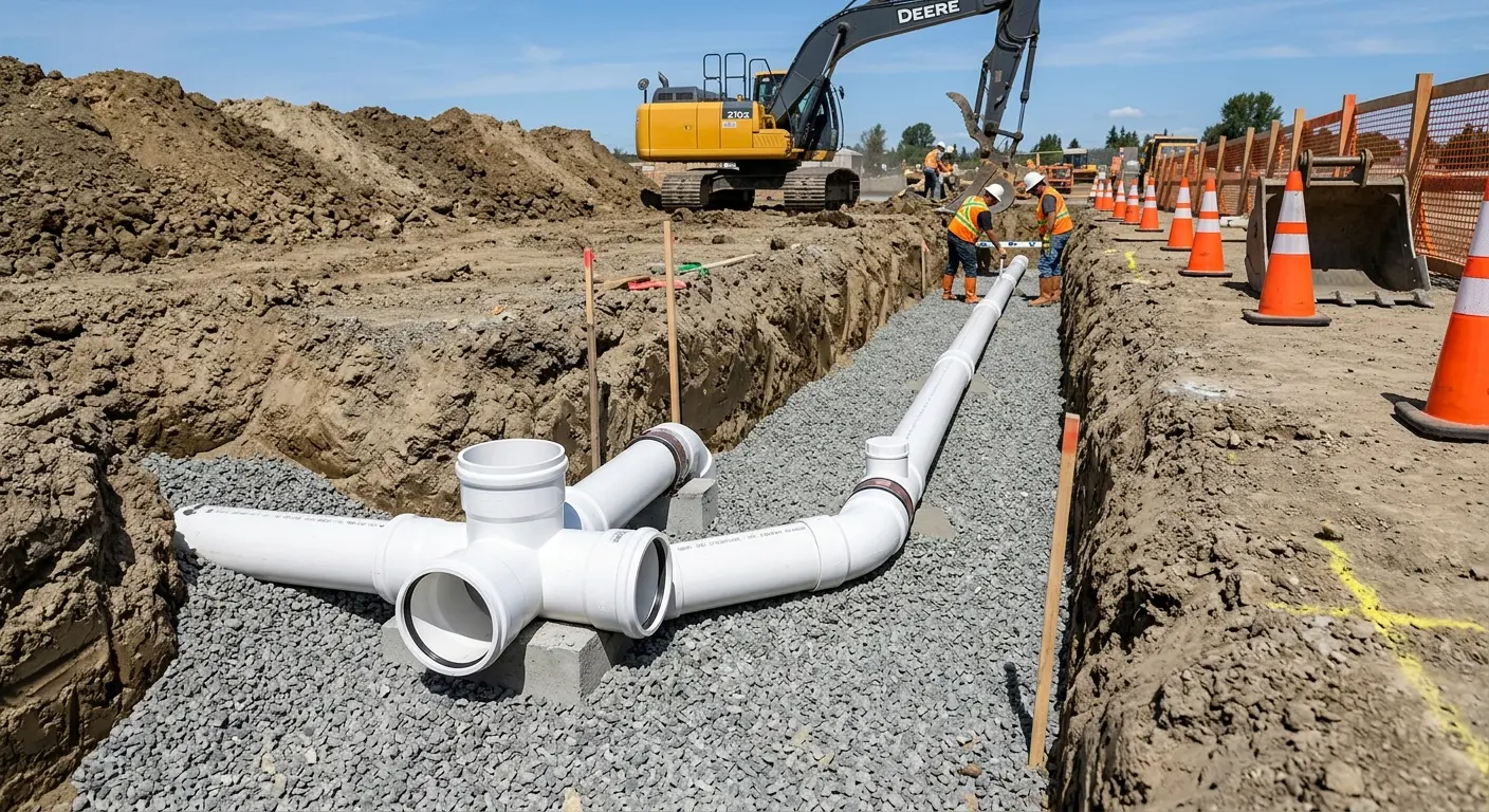 New PVC sewer pipe installation in open trench for Sewer Backup in South Bradenton