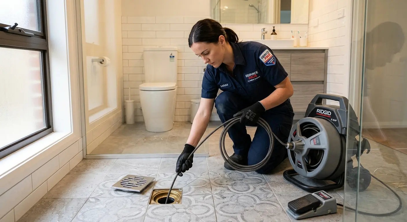 Technician clearing a bathroom floor drain for Drain Repair in South Bradenton
